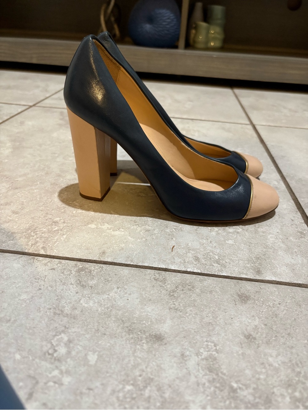J CREW MADE IN ITALY 8.5 etta Cap Toe Two-Tone Navy Nude Block Heel Pumps